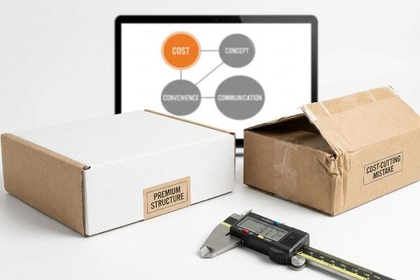 White box with 'Premium Structure' label, brown 'Cost-Cutting Mistake' box, digital caliper, and laptop showing 4 C's of packaging design.