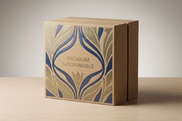 Premium Sustainable Packaging Box An elegant sustainable packaging box, brown cardboard with embossed blue and gold leaf design, displaying 'Premium Sustainable' text.