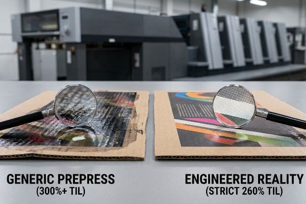 Magnified corrugated cardboard samples compare Generic Prepress (300%+ TIL) and Engineered Reality (Strict 260% TIL) print.