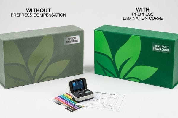Prepress Lamination Color Comparison A spectrophotometer measures two green boxes, comparing Optical Darkening without prepress compensation to Accurate Brand Color with a lamination curve.