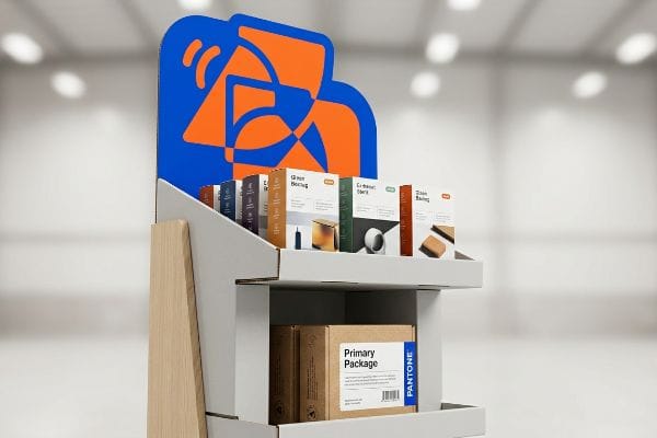 White POP display with Primary Package, Pantone box, and product samples like Non-Boiling, Coherent, Ribbon.