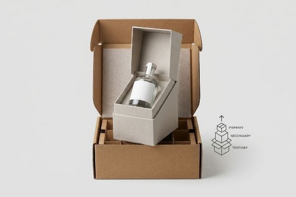 Clear glass bottle with white label in a light gray secondary box, nested within a brown corrugated tertiary shipping box, illustrating Primary, Secondary, Tertiary packaging.