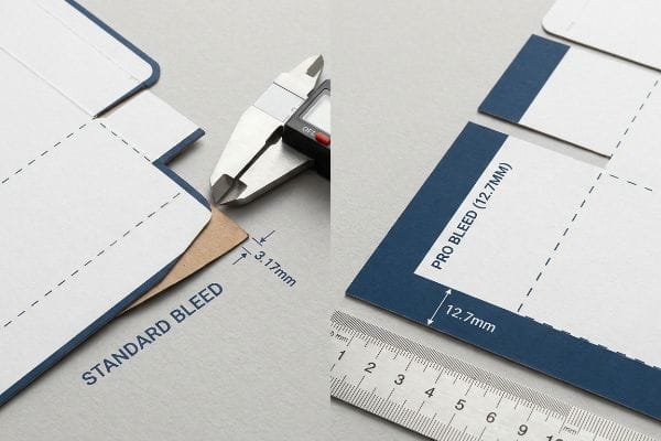 Print Bleed Comparison Packaging design comparison shows 3.17mm standard bleed measured by caliper versus 12.7mm pro bleed with ruler for print accuracy.