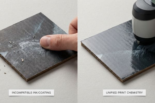 Print Chemistry Comparison Dark corrugated cardboard demonstrates incompatible ink/coating flaking versus unified print chemistry measured by a spectrophotometer.