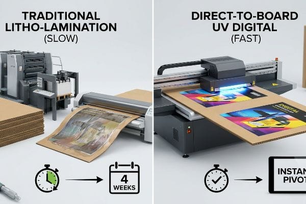 Corrugated board sheets are processed by a Traditional Litho-Lamination machine taking 4 Weeks, contrasted with a Direct-To-Board UV Digital printer offering Instant Pivot speed.