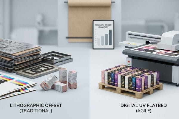 Металлические печатные формы и стальные штампы компании Lithographic Offset контрастируют с цифровым УФ-планшетным принтером и коробками, изготовленными на заказ, что подчеркивает минимальный объем заказа.