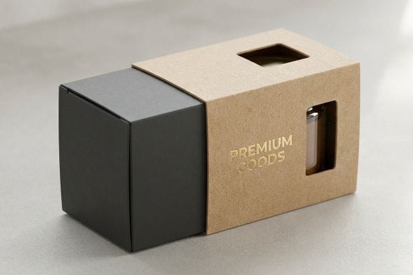 Kraft brown sleeve packaging with gold foil 'Premium Goods' text and windows, revealing a product in a dark gray box.