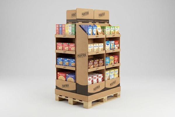 Brown corrugated cardboard Prontbox fractional pallet display on a wooden base, filled with diverse product boxes.