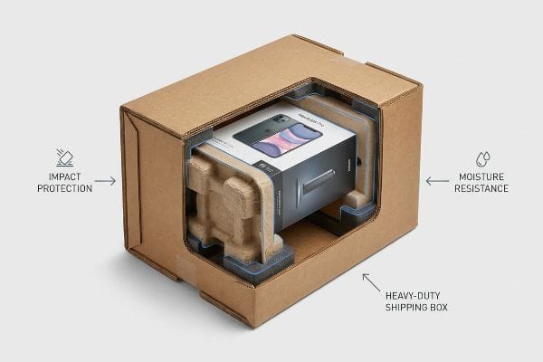Protective Packaging System Inside a heavy-duty shipping box, protective packaging with molded pulp and foam secures an iPhone 11 Pro box, highlighting Impact Protection and Moisture Resistance.