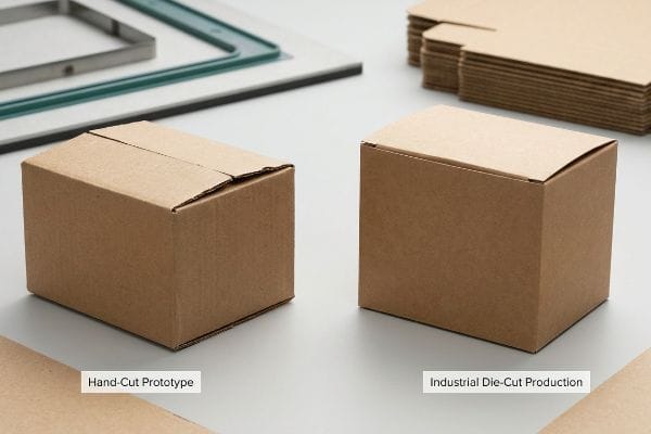 Prototype vs Die-Cut Brown cardboard boxes compare a Hand-Cut Prototype with precise Industrial Die-Cut Production for retail packaging.