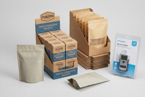 Kraft corrugated Purayon Printed Corrugator Pop-Display, various flexible stand-up pouches, and a Trunerr Electronic Device blister pack.