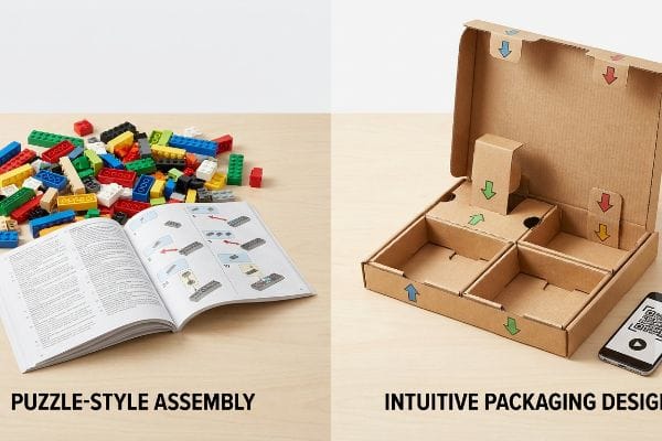 Lego bricks, manual (Puzzle-Style Assembly) vs. intuitive corrugated box with color-coded assembly cues.