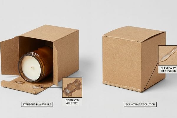 Adhesive Failure Comparison Kraft paperboard boxes: Standard Pva Failure (dissolved adhesive) vs. Chemically Impervious Eva Hot-Melt.