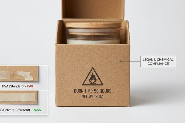 Caja de cartón Kraft para velas con certificación de cumplimiento legal y químico, que indica un tiempo de combustión de 50 horas, un peso neto de 8 onzas y pruebas de resistencia a disolventes del adhesivo PVA.