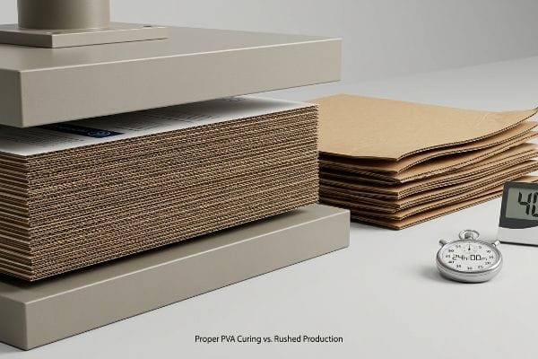 Corrugated sheets under dead-weight pressure for Proper PVA Curing vs. warped boards from Rushed Production, with a 24-hour stopwatch.
