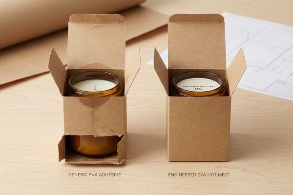 接着性能比較 クラフト紙製のキャンドルボックス。片方は汎用PVA接着剤で接着されているが剥がれやすく、もう片方はエンジニアードEVAホットメルト接着剤と防香シールでしっかりと固定されている。.
