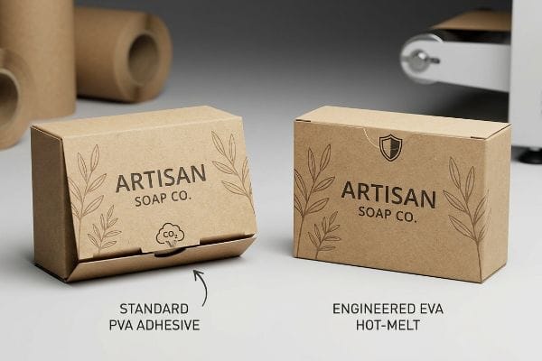 PVA vs EVA Adhesives Kraft paper Artisan Soap Co. boxes compare a failed Standard Pva Adhesive flap with a secure Engineered Eva Hot-Melt carton.