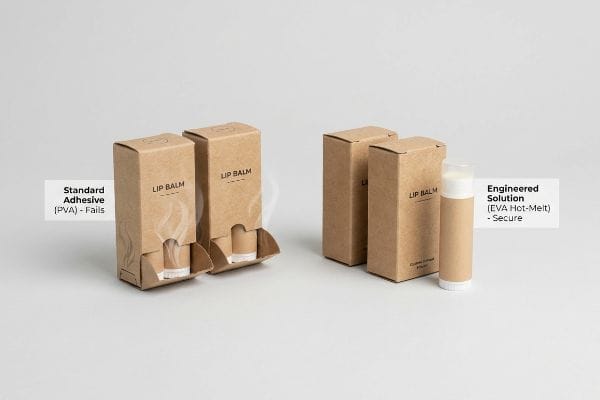 Kraft paperboard lip balm packaging comparison: Standard Adhesive (PVA) fails, while Engineered Solution (EVA Hot-Melt) is secure.