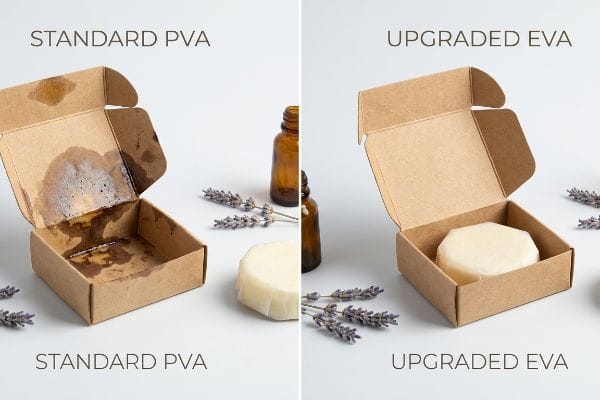 PVA vs EVA Packaging Essential oil damage on Standard Pva packaging vs. clean Upgraded Eva box with a lotion bar.