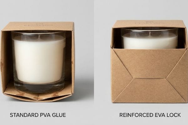 PVA vs EVA Lock Kraft paperboard candle boxes comparing a delaminated bottom with Standard Pva Glue to a secure, reinforced Eva Lock for heavy glass jars.