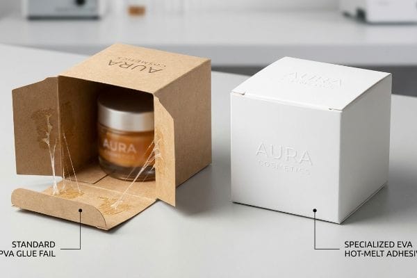 PVA vs EVA Adhesives Brown Kraft paperboard Aura Cosmetics box with failing Standard PVA Glue, contrasted with a white box featuring secure Specialized EVA Hot-Melt Adhesive.