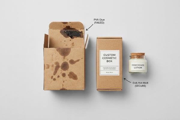 Failed Glue, Secure Packaging Stained cardboard box with failed PVA Glue contrasts with a secure Custom Cosmetic Box and Homemade Lotion using EVA Hot-Melt.