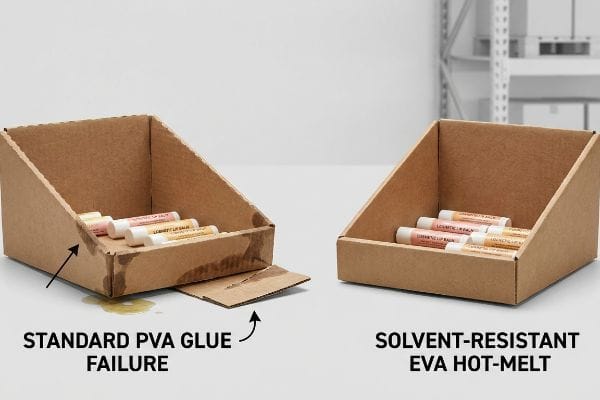 PVA EVA Glue Comparison Kraft cardboard display trays: one shows Standard Pva Glue Failure with dissolved adhesive, the other is intact with Solvent-Resistant Eva Hot-Melt, both containing Cosmetic Lip Balm.