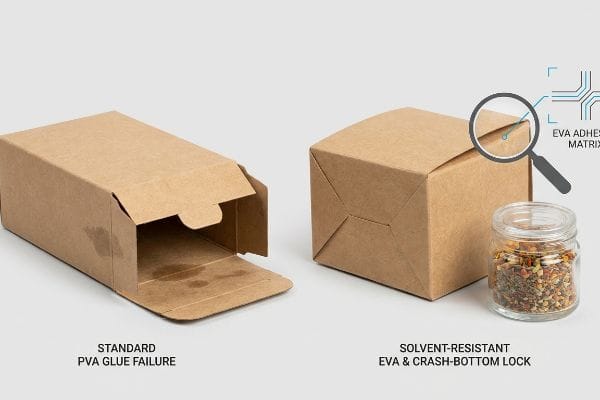 Solvent-Resistant Glue Comparison Kraft paperboard boxes show Standard Pva Glue Failure next to a Solvent-Resistant Eva & Crash-Bottom Lock box with an Eva Adhesive Matrix.