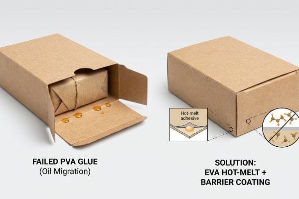 PVA Glue Failure Solution Kraft paperboard boxes show Failed PVA Glue oil migration with visible oil drops, contrasted with a successful EVA Hot-Melt and Barrier Coating solution.