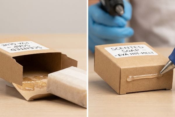 Two brown cardboard soap boxes, one showing failed Scented Soap - Pva Glue residue, the other receiving Scented Soap - Eva Hot-Melt adhesive from a glue gun.