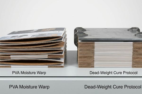 PVA Warp vs. Cure Warped corrugated panels from PVA Moisture Warp contrast with flat, compressed boards under a Dead-Weight Cure Protocol, demonstrating adhesive moisture control.