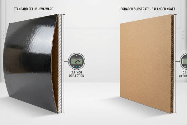 Standard Setup PVA Warp corrugated panel, 2.4 Inch Deflection, compared to Upgraded Substrate Balanced Kraft, 0.0 Inch Perfectly Plumb.