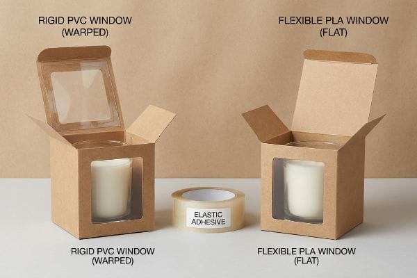 Warped PVC vs PLA A warped Rigid Pvc Window kraft candle box contrasts with a flat Flexible Pla Window box, showcasing the benefits of Elastic Adhesive for packaging.