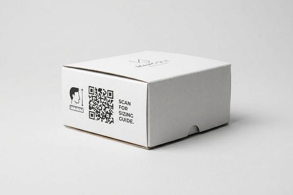 White cardboard box for V3 Mask-Case featuring a QR code and "Scan For Sizing Guide" text with a face measurement icon.
