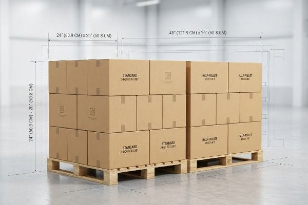 Standard Box Pallet Sizes Cardboard boxes on pallets, showing Standard 24-20 Box Unit and Half-Pallet 48-20 Unit with 24x20 and 48x20 inch dimensions.