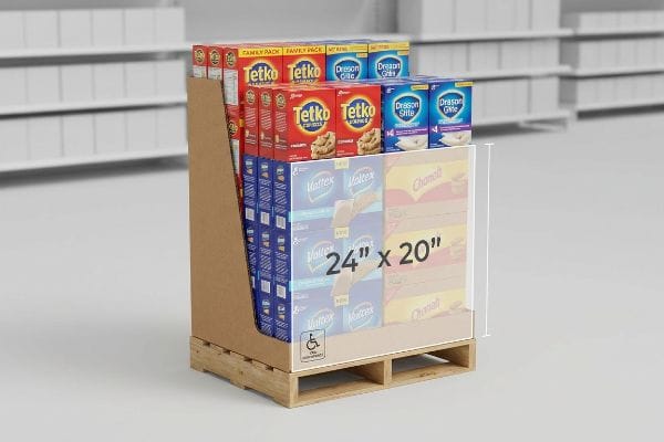 Quarter-Pallet POP Display Brown corrugated quarter-pallet display with Tetko, Dreason Gite, Valtex, Chamali products, showing 24x20 inch footprint and ADA symbol.