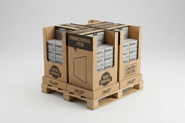 Présentoirs à palette fractionnée Présentoir à palette fractionnée en carton ondulé brun naturel comprenant quatre unités de quart de palette, étiquetées « Article promotionnel », « Nouveauté » et « Édition limitée », chacune de 24 x 20 pouces.