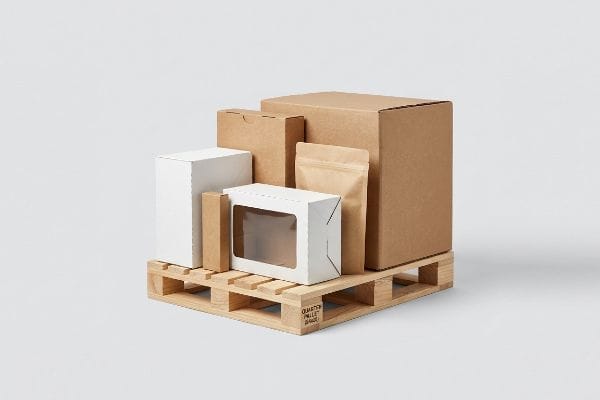 Fractional Pallet Packaging Display Wooden Quarter Pallet, 24x20 Inches, displaying various kraft and white packaging boxes, including a window box and a stand-up pouch.