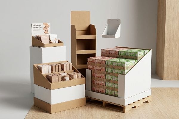 Corrugated POP Displays Corrugated POP displays: quarter-pallet, 'Pre-workout Regimen' countertop, freestanding unit.