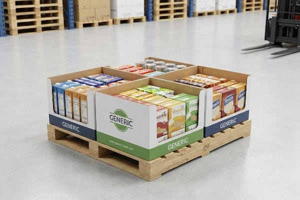 Quarter Pallet Display Box A wooden quarter pallet display box, divided into four sections, showcases various Generic branded food products in a warehouse.