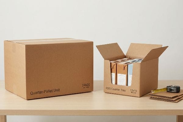 Common Box Sizes Display Two common corrugated cardboard box sizes: a Quarter-Pallet Unit (24x20 Inches) and a PDQ Counter Tray (12x10 Inches) filled with retail items.