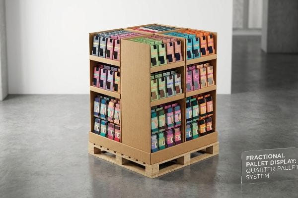 Corrugated quarter-pallet display on a wooden base, filled with colorful product boxes. Text: Fractional Pallet Display: Quarter-Pallet System.