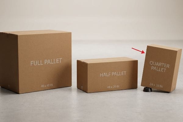 Three brown corrugated boxes: Full Pallet 48x40 IN, Half Pallet 48x20 IN, and a tilted Quarter Pallet 24x20 IN with a red arrow.