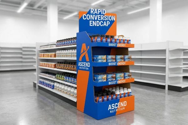 青とオレンジの配色で統一されたAscend Nutrition Rapid Conversionのエンドキャップディスプレイ。小売店においてBoost Energy製品を効果的に展示している。.