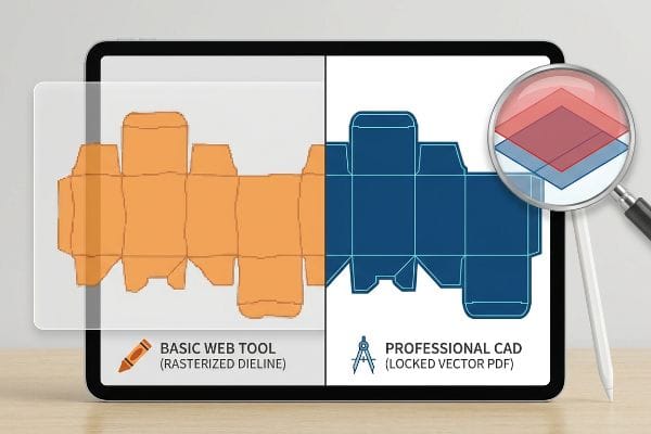 Dieline Raster vs Vector A tablet displays a Basic Web Tool's Rasterized Dieline (orange, jagged) versus a Professional CAD's Locked Vector PDF (blue, sharp) for a packaging die cut template.