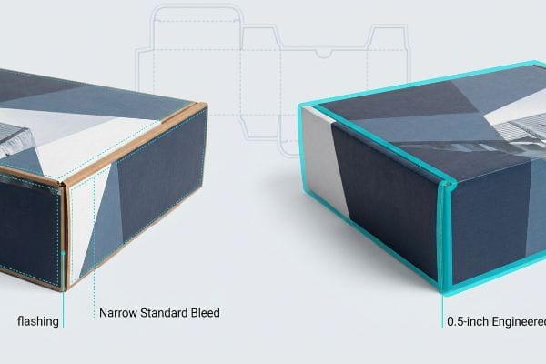 Unbearbeiteter Kraftkarton auf einer geometrischen Schachtel mit schmalem Standard-Beschnittzugabe, im Kontrast zu einer 0,5 Zoll breiten, speziell entwickelten Beschnittzugabe für eine makellose Verpackung.