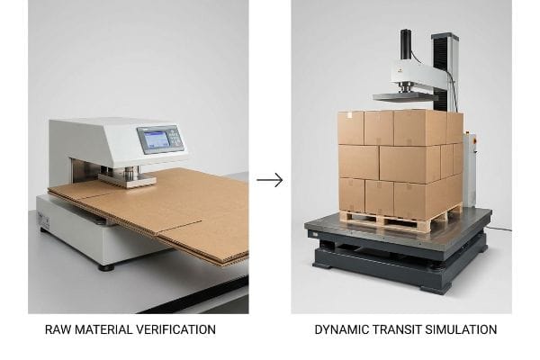 Raw Material Verification Test Corrugated cardboard undergoes a compression test by a white machine for Raw Material Verification, assessing substrate baseline strength.