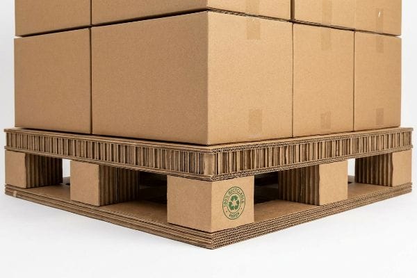 Corrugated paper pallet with a 100% Recyclable Paper logo supporting stacked brown cardboard boxes.