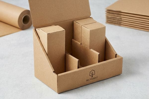 Recyclable Cardboard Display Box A brown corrugated cardboard retail display box with smaller boxes inside, featuring a "Recyclable" tree icon, alongside a kraft paper roll and stacked cardboard sheets.
