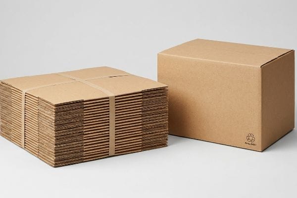 Recyclable Cardboard Boxes Flat-packed and assembled brown corrugated cardboard boxes, one with a 'Recyclable' symbol, on a light background.